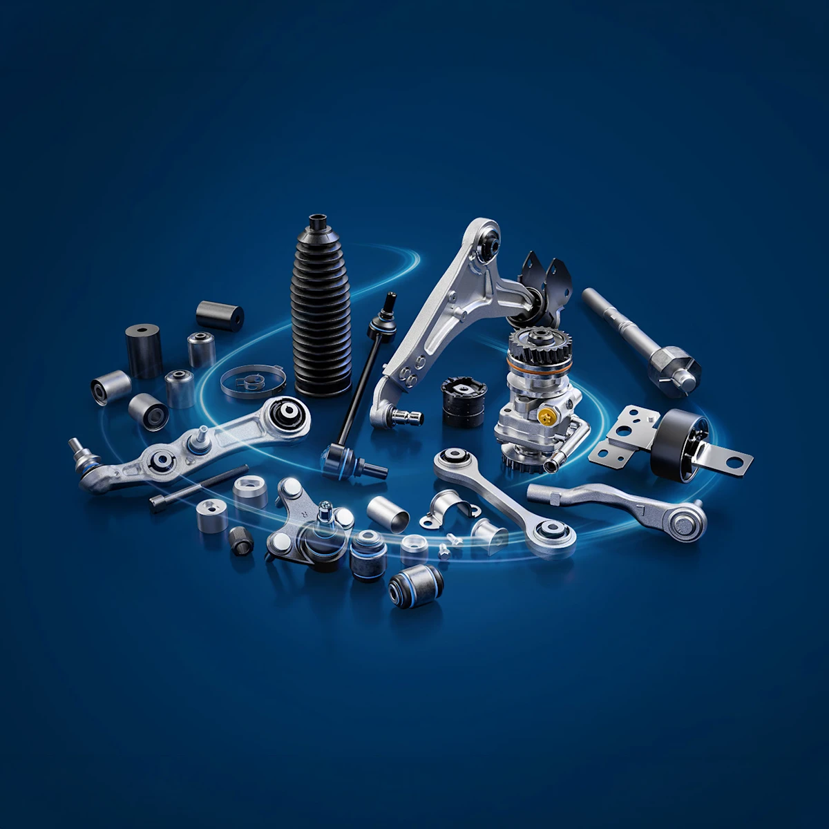 Image of MEYLE suspension and steering components, on a blue background with a glowing blue swoosh.
